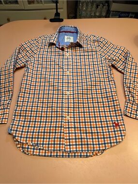 Mini Boden Orange and Blue Gingham Button-Down Shirt